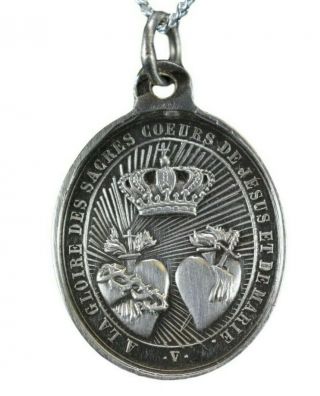 Vachette Large Sterling Silver Mary And Jesus Sacred Hearts Medal Pendant