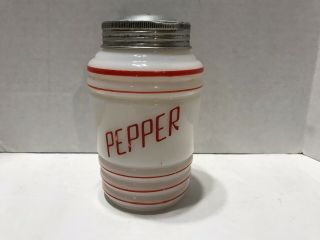 Vintage 4.  5 " White Milk Glass Pepper Shakers Red Stripe White Milkglass