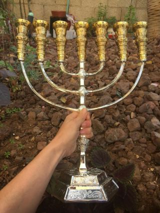 Menorah Gold Plated Jerusalem Temple 17 Inch Height 44 Cm 7 Branches Brass Xl