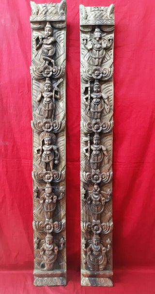 Vintage Hindu God Vishnu Dashavatara Temple Vertical Wooden Wall Panel Decor Set