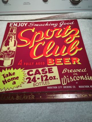 Sportage - Vintage Wisconsin Beer Sign - Vgc - Great Colors - Marathon City Brewing - Wis.