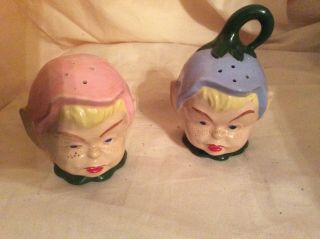 Pixies Salt And Pepper 1945 Flower Petal Hand Painted Pixie Heads