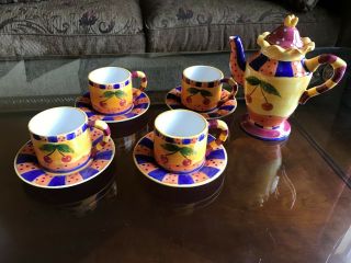 Bella Casa By Ganz Tea Pot W 4 Cups/saucers - Cherry Pattern