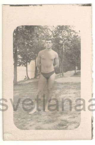 Beach Handsome Young Man Athlete Muscle Bulge Guy Shirtless Gay Vintage Su Photo