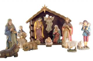 Holy Family With Gloria Angel In Barn Deluxe 12 Piece Painted Resin Nativity Set