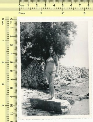 1960s Long Hair Bikini Woman On Beach,  Swimwear Lady Pose Vintage Photo Snapshot