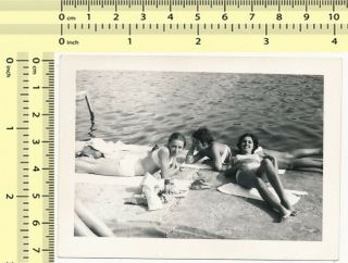 Three Bikini Women Laying On Beach,  Swimwear Ladies Sunbathing Dock Old Photo