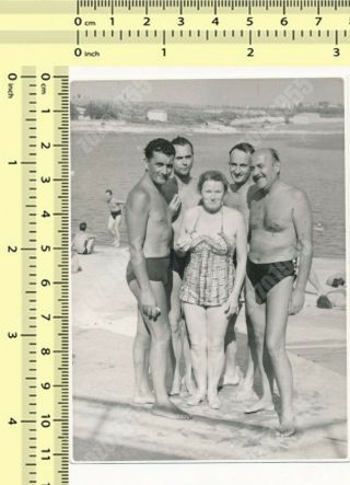 1960s Swimsuit Woman,  Guys In Trunks Bulge,  Shirtless Men Around Lady Old Photo