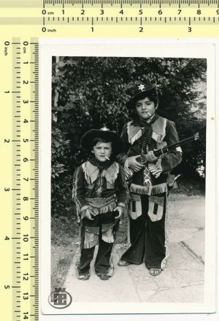 038 Boys In Cowboy Costumes With Toy Rifle & Cigarettes Kids Children Old Photo
