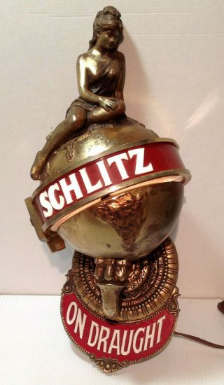 Vintage Schlitz Brewing Co.  Lighted Globe On Draught Beer Sign With Lady On Top