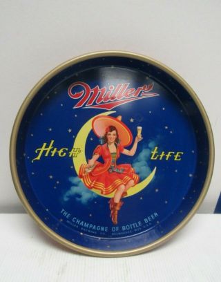 Vintage Metal Miller High - Life Girl On The Moon Beer Serving Tray