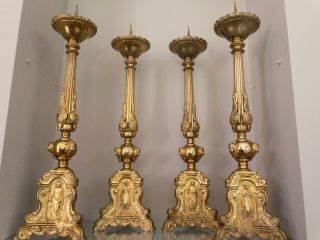 A Pair French Victorian Altar Candlesticks Burnished Gold 19th C Candle Holders