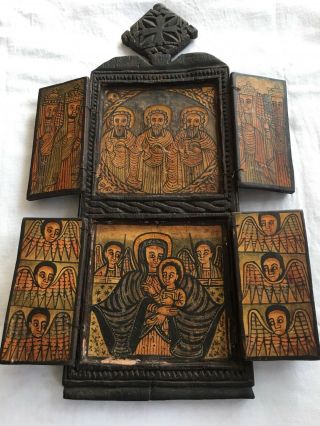 Ethiopian Coptic Christian Orthodox Wood Icon Diptych Painted Handmade Religious