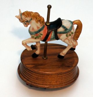 Vintage Carousel Horse On Wooden Stand Wind - Up Music Box Collectible Figurine