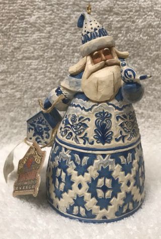 Jim Shore SANTA w/BIRD Toile BLUE Bell/Ornament 4.  5 
