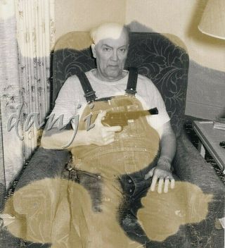 Old Man In Overalls On A Chair With His Gun Aimed To The Side Old Polaroid Photo