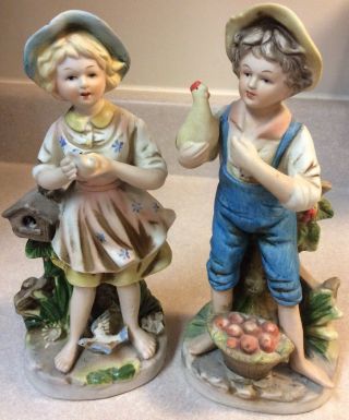 Vintage Homco Home Interiors Boy W/ Chicken & Girl W/ Bird Figurines 8880