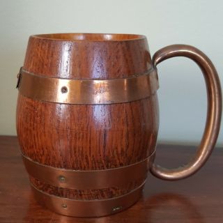 Vintage Wooden Barrel Mug Cup With Copper Bands And Copper Handle 4 " Tall