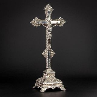 Altar Crucifix | Standing Cross Bronze | Baroque Silvered Metal Jesus | 14 "