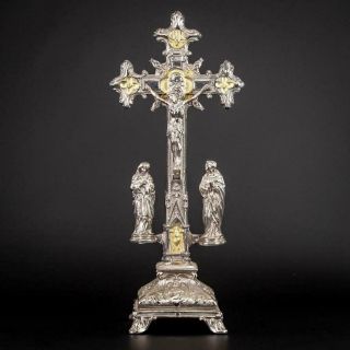 Altar Crucifix | Jesus Virgin Mary St John | Matthew Mark Silvered Metal | 16”