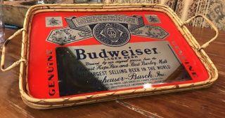 Vintage Anheuser - Busch Budweiser Mirror Bamboo Serving Tray Man Cave
