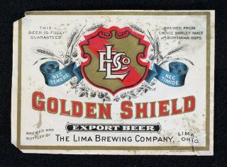 Lima Golden Shield Export Pre - Pro Beer Label Pre - Prohibition Beer Ohio 1900 