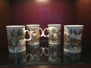 Set Of 4 Dunoon England Christmas Past Mugs By Sue Scullard Winter Snow Town
