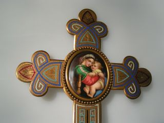 Antique Enamel Crucifix Cross Holy Water Font Hand Painted Porcelain Madonna