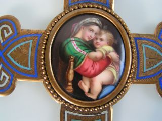 Antique Enamel Crucifix Cross Holy Water Font Hand Painted Porcelain Madonna 2