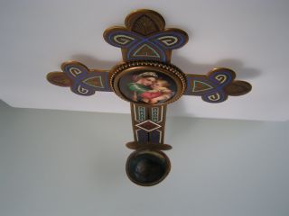 Antique Enamel Crucifix Cross Holy Water Font Hand Painted Porcelain Madonna 3