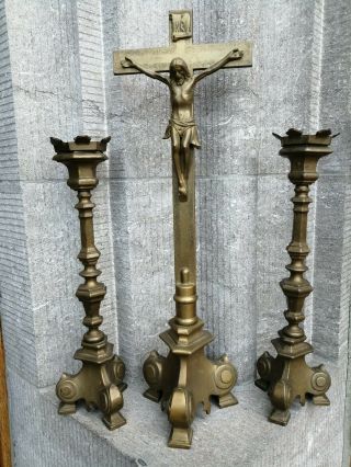 Set Vintage Chapel Altar Standing Ornate Gothic Metal Cross Crucifix Candlestick