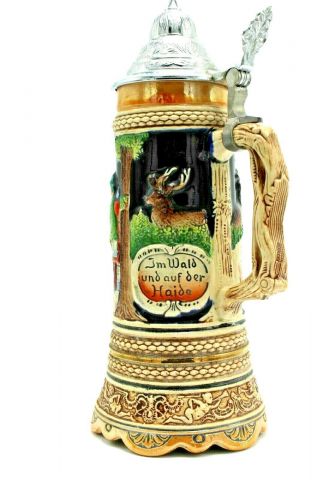Western German Beer Stein Dbgm Pewter With Gold Trimed Base.  05 Liters 11.  25 "