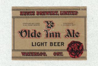 Beer Label - Canada - Ye Olde Inn Ale Light Beer - Kuntz Bry - Waterloo Ontario