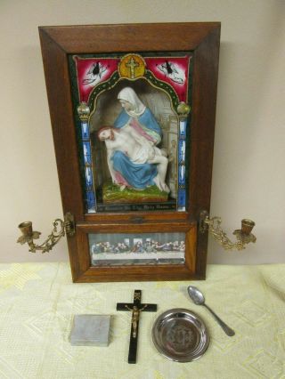 Antique Religious Sick Call Last Rites Wood Box Jesus Crusifix Reverse Painted
