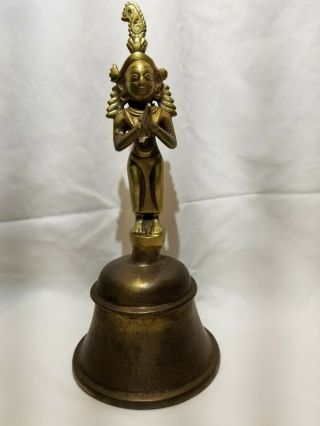 Large Antique Bronze Temple Bell With Hindu Deity Handle - Late 19th Century