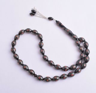 Islamic Prayer Beads - Worry Beads - Black Coral,  Silver Nails Inlaid Inlay