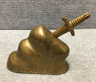 Vintage Solid Brass Paperweight Letter Opener Set Excalibur Sword In The Stone