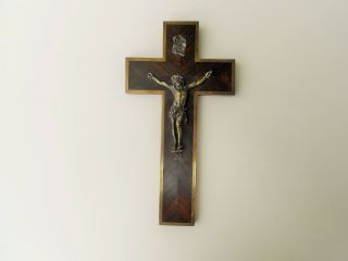 Antique French Wall Cross Crucifix Christ Bronze Wood Brass Marquetry19 Century