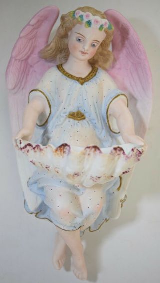 Large 10 " Antique French Bisque Angel Holy Water Font Porcelain