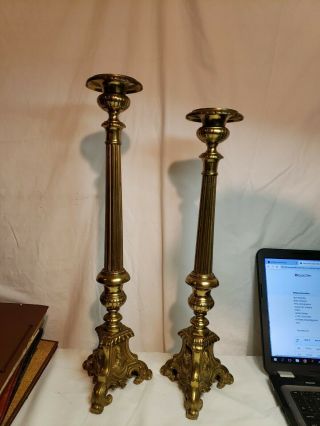 2 Vintage Brass Jesus,  Joseph,  & Mary Catholic Altar Candlesticks,  20 " & 22 "