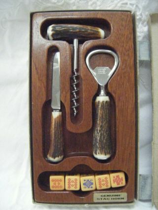 Vintage Boxed Sheffield Stag Horn 3 Piece Bar Set - In Wooden Tray