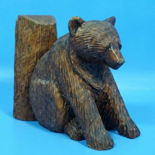 6 " Antique German Black Forest Wood Carving Sitting Bear Bookend Hunt C1920s