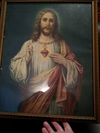 Vintage Framed Sacred Heart Of Jesus Print Religious Picture