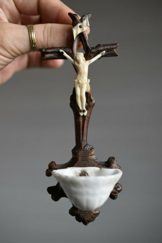 ⭐ Antique Religious Cross,  Hand Carved Crucifix,  Holy Water Font,  19 Th Century⭐