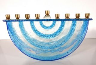Lovely Blue Fused Glass Hanukkah Menorah Jewish Lamp Judaica,  Israeli Made Gift