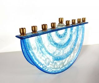 Lovely Blue Fused Glass Hanukkah Menorah Jewish Lamp Judaica,  Israeli Made Gift 2