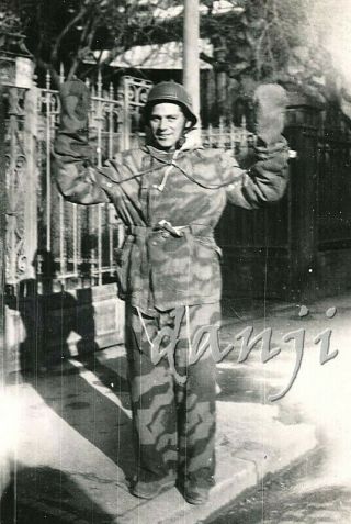 Us Soldier In Camouflage With Hands Up On Sidewalk In Europe Ww2 Military Photo