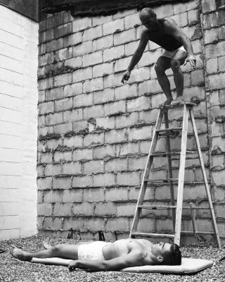 Vintage Negative: Bodybuilder Acrobat Circus Ladder Jump Stunt 50 