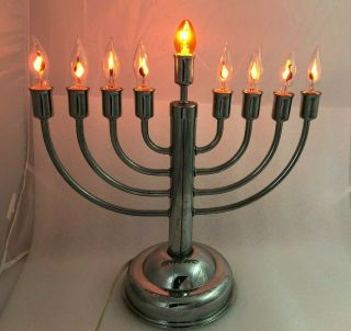 13.  5″high Electric Hanukkah Menorah W Flickering Light Bulbs Silver - Tone Metal