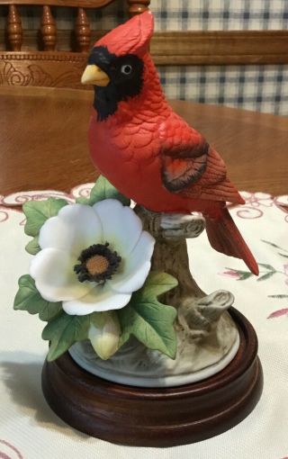 Vintage Andrea By Sadek Male Cardinal Bird Figurine 8627 On Wood Base